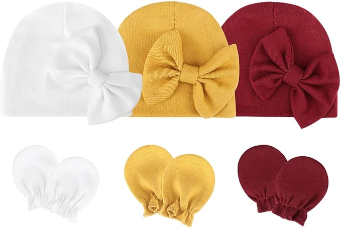 BQUBO Newborn Girls Hats Baby Hat and Mittens Set Infant Caps Bow Hospital - Image 6