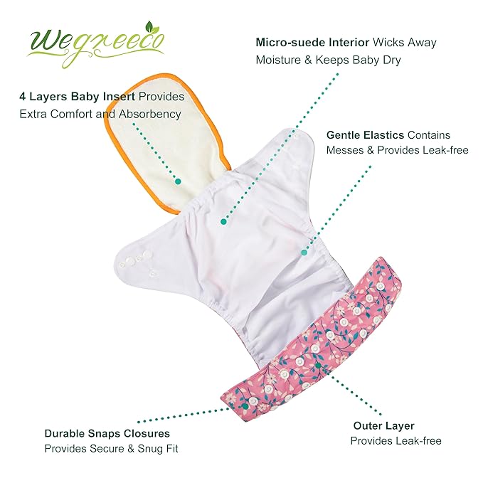 Wegreeco Cloth Diapers 6 Pack with Inserts & Wet Bag, Washable Reusable Diapers for Babies, One Size Adjustable (Chrysanthemum)