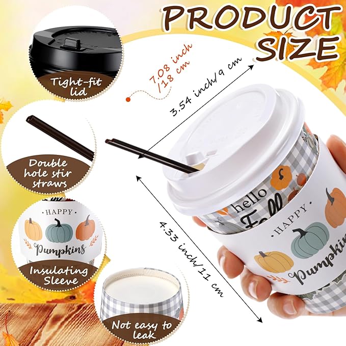 Lallisa 100 Sets Fall Thanksgiving Coffee Cup Bulk with Lid Disposable 12 oz Fall Hot Cups Paper and Sleeves Straws, Autumn Drinking Supplies for Holiday Party(Pumpkin Style)