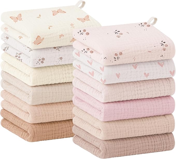 Bearmoss 12 Pack Baby Muslin Washcloths, 100% Cotton 10"x10" Face Towels by Bearmoss