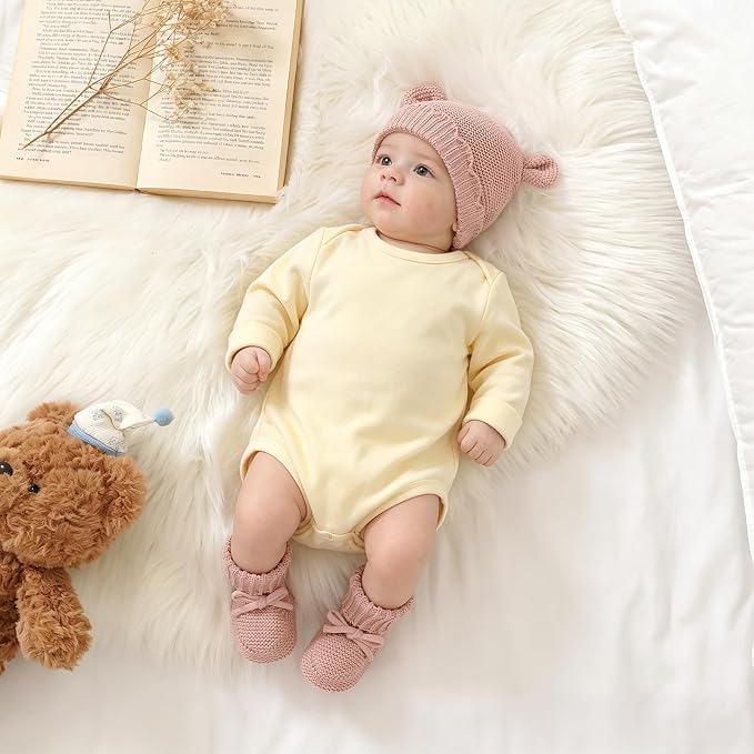 Hadetoto 100% Organic Cotton Baby Beanie and Booties Set | Newborn, Knit Sock - Image 3