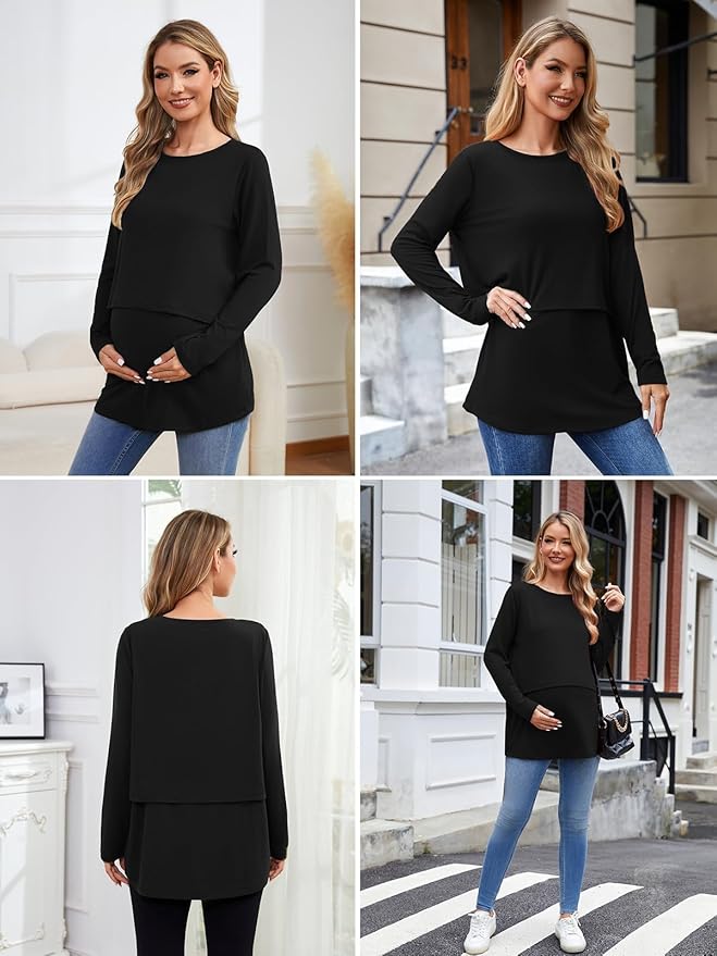 Ecavus Women's 3Pack Maternity Nursing Shirts Long Sleeve Double Layer Breastfeeding Shirts Comfy Pregnancy Clothes
