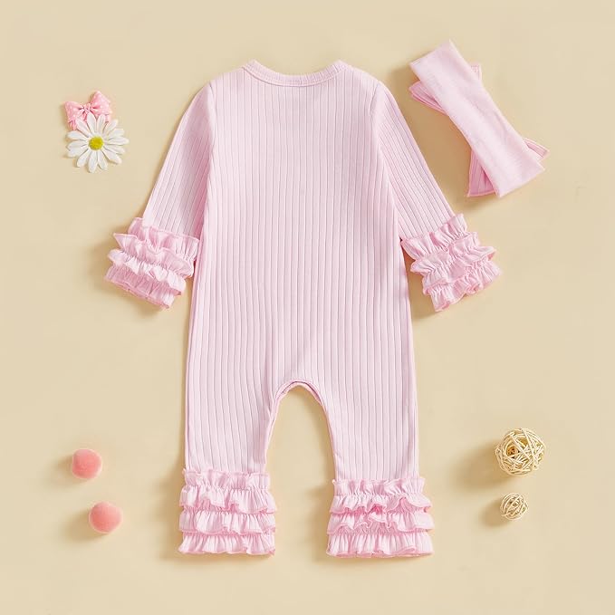 Newborn Baby Girl Clothes Jumpsuit Ruffle Romper Bodysuit Pants Headband - Image 4