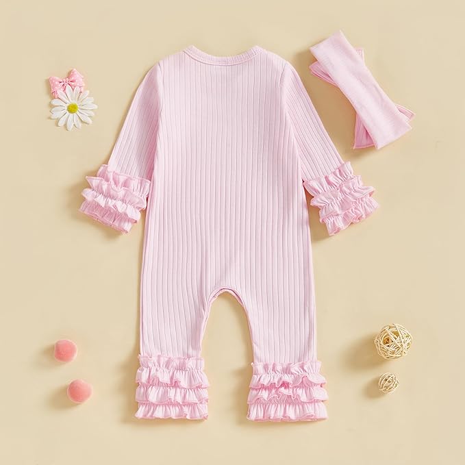 Newborn Baby Girl Clothes Jumpsuit Ruffle Romper Bodysuit Pants Headband - Image 4