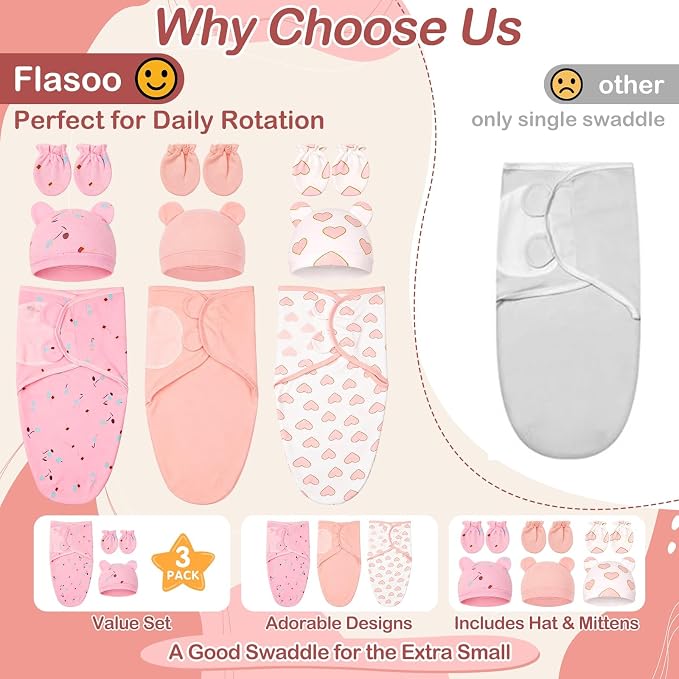 3 Pack Preemie Swaddle with Hat and Mittens Set, Adjustable Cotton Swaddle - Image 2