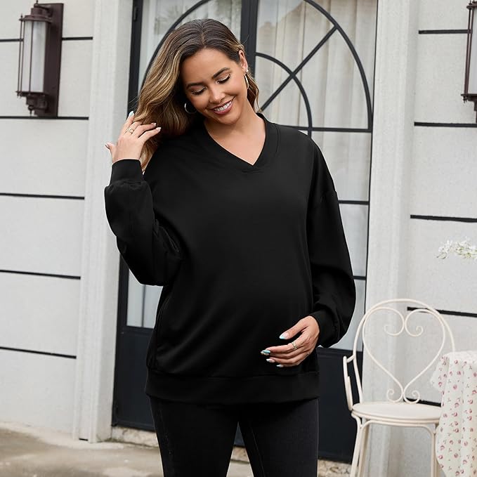 GINKANA Maternity Long Sleeve Shirts V Neck Sweatshirt Casual Tunic Tops Pregnancy Pullover with Pockets