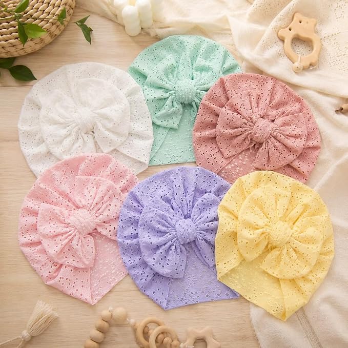 Baby Girls Hair Bow Turban Hat 6PCS Set, Top Bowknot Head Wrap Beanie India Caps - Image 3