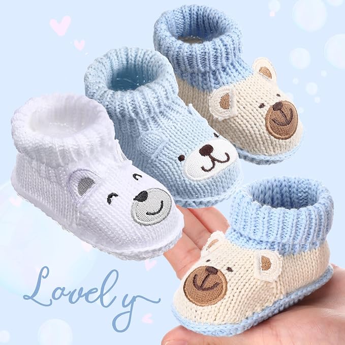 Evervibe 3 Pair Knitted Baby Booties | 100% Cotton, 0-6 Months Newborn - Image 2