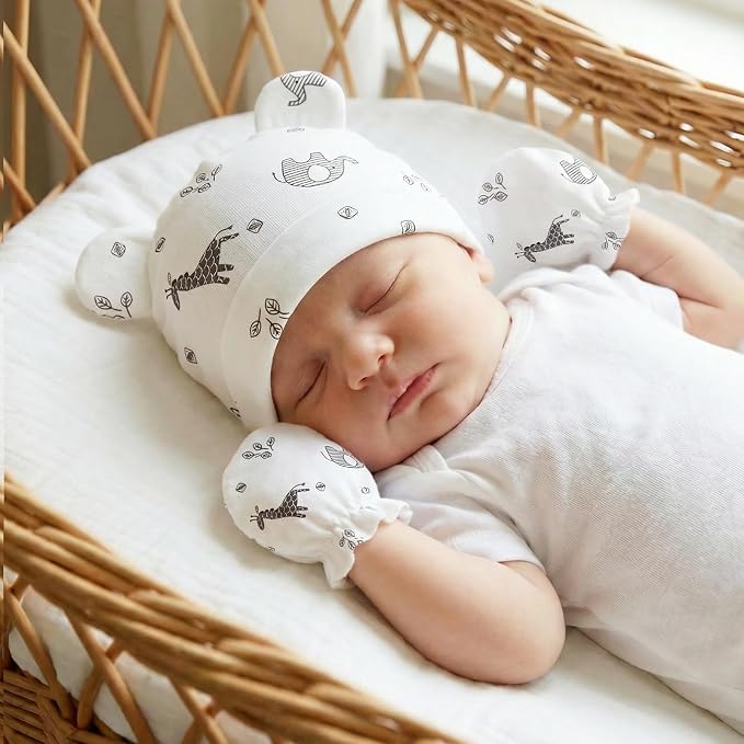 Newborn Baby Hats and Mittens Set, Cotton Infant Baby Boy Girl Bear Ears Caps - Image 7