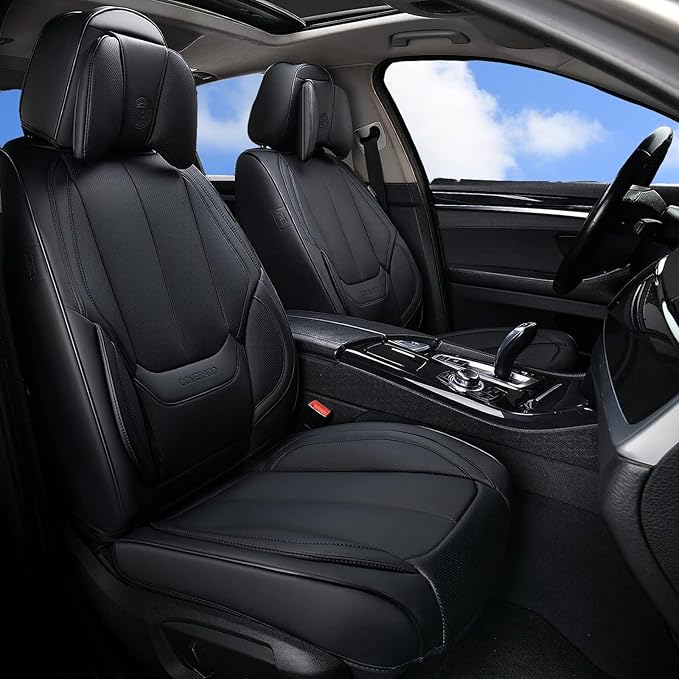 Coverado Car Seat Covers 5 Pieces, Full Set Universal Seat Covers for Cars, Waterproof Nappa Leather Auto Seat Protectors with Head Pillow, Car Interiors Fit for Most Pick-up Truck Sedans SUV, Black