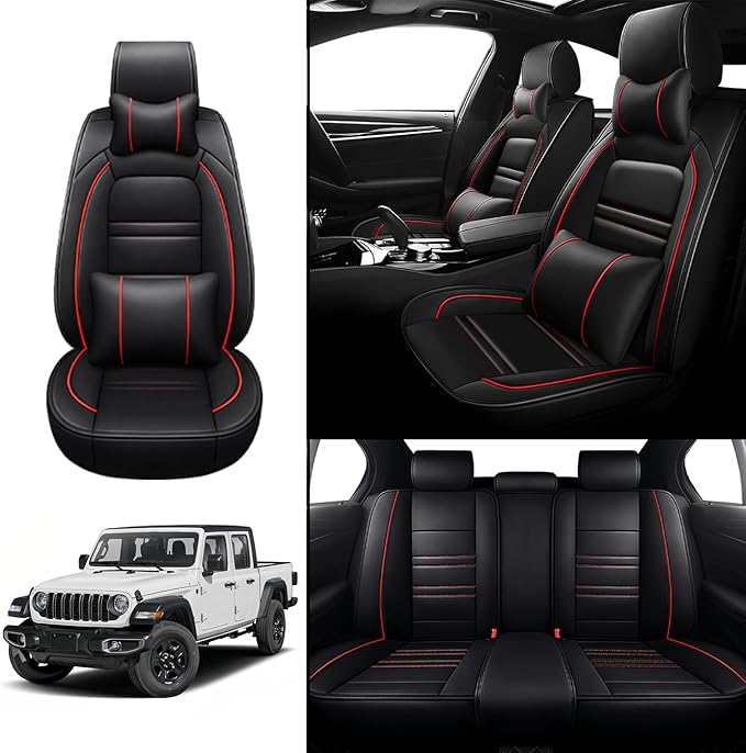 Car Seat Covers for JP Gladiator 2020-2025 | 5-Seats Seat Covers, Waterproof Seat Protectors, Automotive Seat Covers (Full Set with Pillow,Black&Red Line)