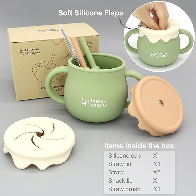 Honey Jar Pot 3-in-1 Silicone Training Cup 8.5oz, Baby Sippy Cup with Straw & Snack Cup for 6 months+ Straw Cup for Baby Boy Gift, Open Cup Toddler Smoothie Drinkware (Forest Green)