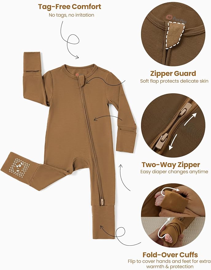 PATPAT Baby Footie Romper with Mittens for Boy and Girl, Anti-Slip & 2-Way Zipper, Long Sleeve, Viscose from Bamboo, Outfit