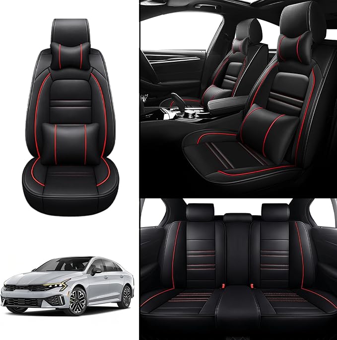 Car Seat Covers for kia k5 2021-2025 | 5-Seats Seat Covers, Waterproof Seat Protectors, Automotive Seat Covers (Full Set with Pillow,Black&Red Line)