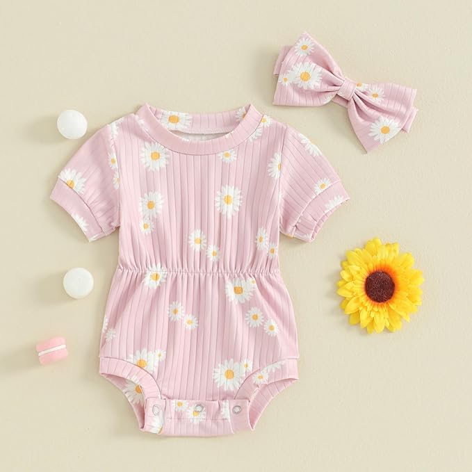 FOCUSNORM Baby Girl Summer Clothes Ribbed Short Sleeve Romper Solid Color - Image 2