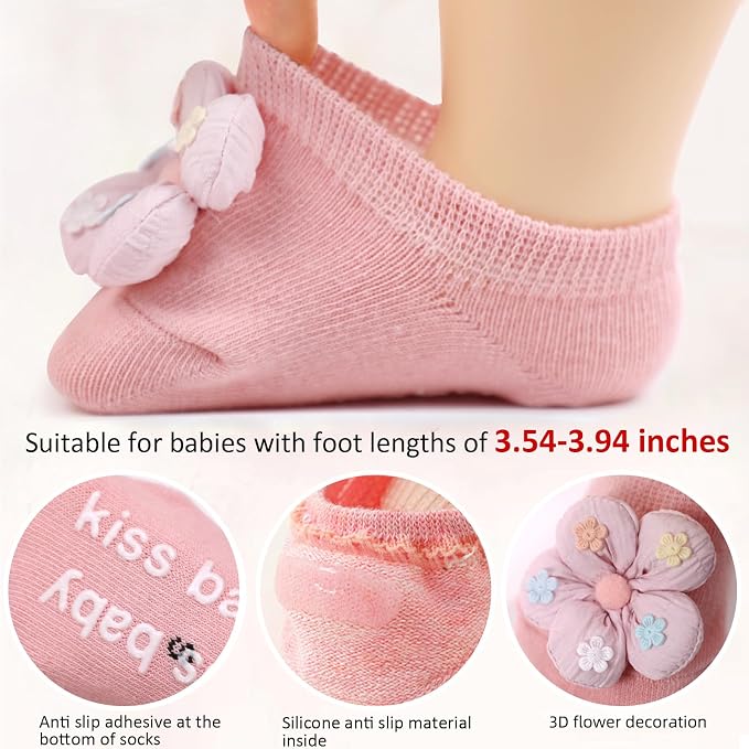 4Packs Baby Girls Socks, Flower Non-Slip Grips - Image 4