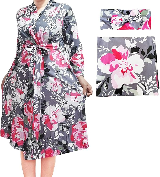 SUFEINI Maternity Robe and Matching Baby Swaddle Blanket Set, Mommy Robe by SUFEINI