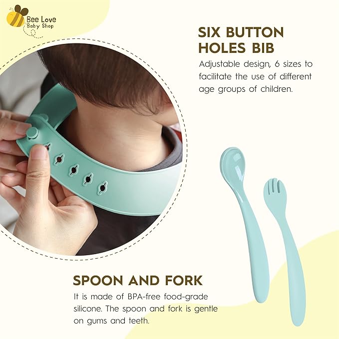 Bee Love Silicone Baby Feeding Set | BPA Free Baby Led Weaning Utensils Set with Suction Plate, Bowl, Adjustable Bib, Baby Spoon and Folk | Toddler Feeding Supplies for 6+ Months (Moody Blue)