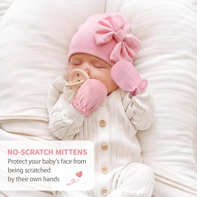 BQUBO Newborn Girls Hats Baby Hat and Mittens Set Infant Caps Bow Hospital - Image 2