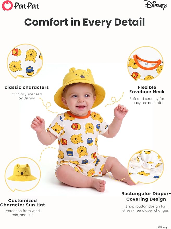 Disney Baby Boy's 2-Piece Romper and Sun Hat Outfit Set Newborn to Infant - Image 6