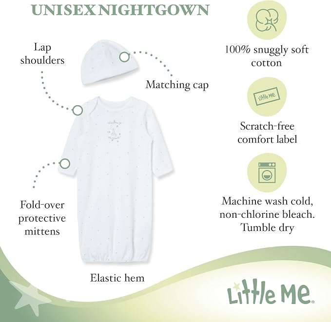 Little Me Clothes Baby Gender Neutral 2-Pc Nightgown and Cap Set 100% Cotton - Image 2