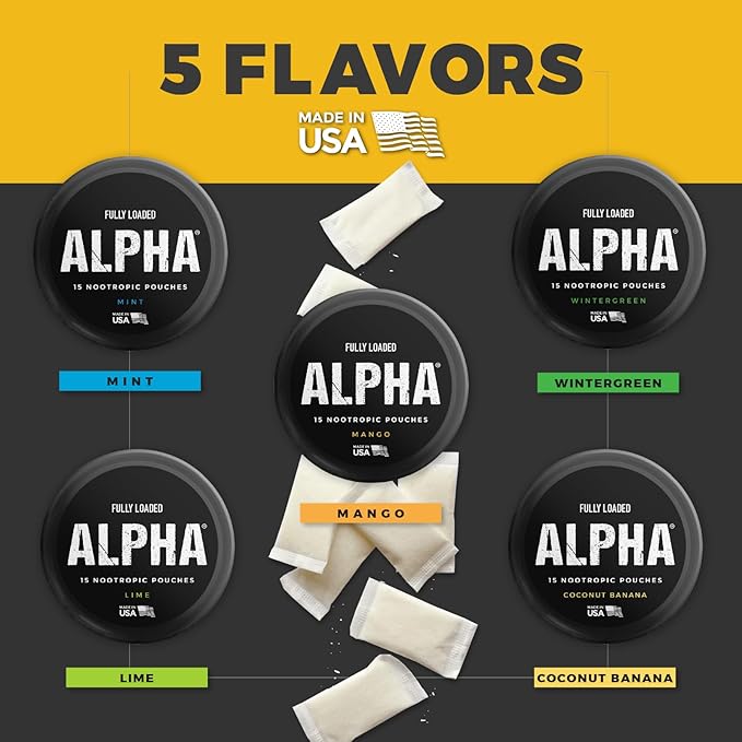 Fully Loaded Alpha Nootropic Pouches (Coconut Banana) - 5 Cans - 15 Pouches per can - Effective Nootropic Delivery, Nic Pouch Replacement - Faster Absorption, Alpha GPC, L-Tyrosine, GABA