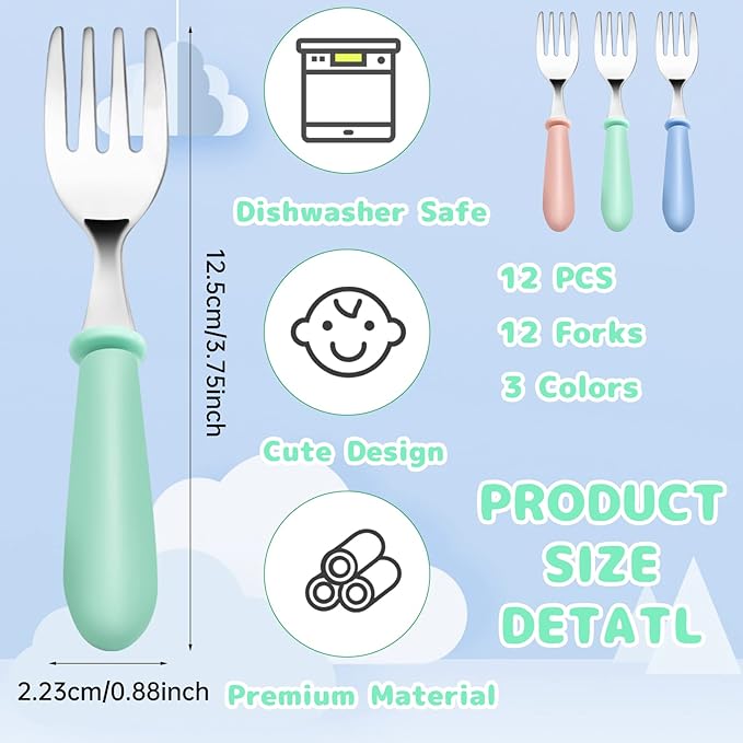 12PCS Toddler Forks Toddler Utensils,Stainless Steel Baby Forks,Kids Silverware Children's Cutlery Set for Self Feeding,BPA Free Kids Flatware Metal Forks for Boys Girls Safe Dining(Mixcolor 12 Forks)