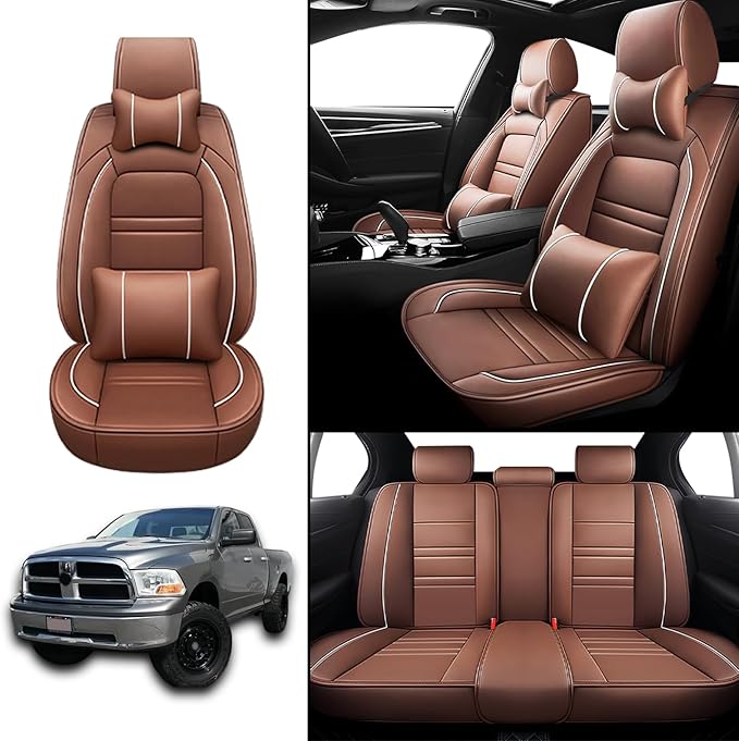 Car Seat Covers for Dodge ram 1500 2004-2011 | 5-Seats Seat Covers, Waterproof Seat Protectors, Automotive Seat Covers (Full Set with Pillow,Coffee)