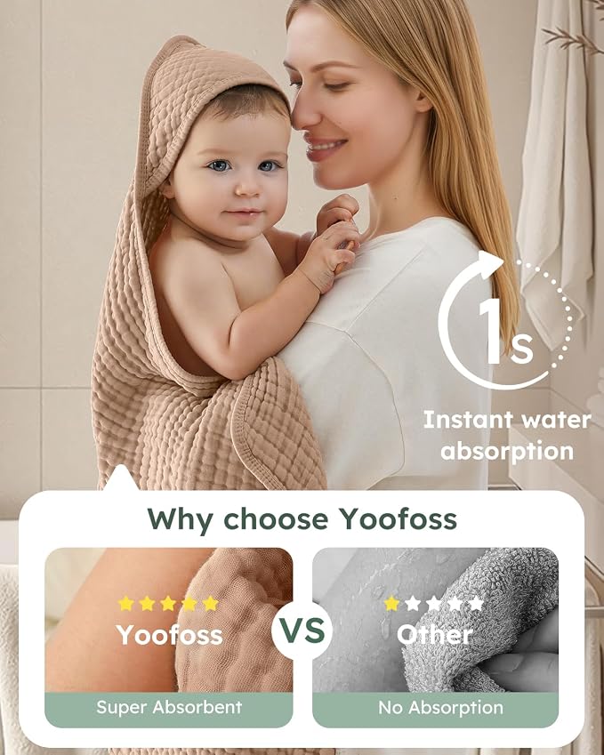 Yoofoss Hooded Baby Bath Towels 2 Pack 100% Muslin Organic Cotton - Image 3