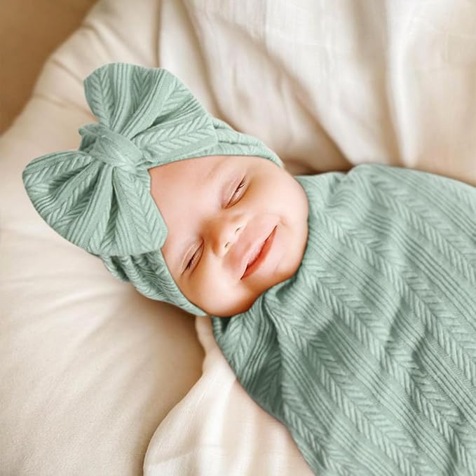 AQOKKA Newborn Receiving Blanket Wheat Ear Bow Hat Hairband Set - Image 5