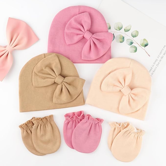 BQUBO Newborn Girls Hats Baby Hat and Mittens Set Infant Caps Bow Hospital - Image 7