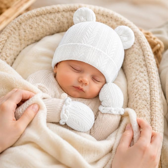 Newborn Baby Hats Bear Ears and Mittens Sets Preemie Toddler Infant Caps Baby - Image 4