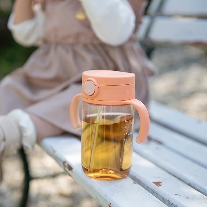 Richell On-the-Go Sippy Cup with Silicone Straw and Removable Handles, 10 oz, Easy Grip for Infant-Toddlers Peach