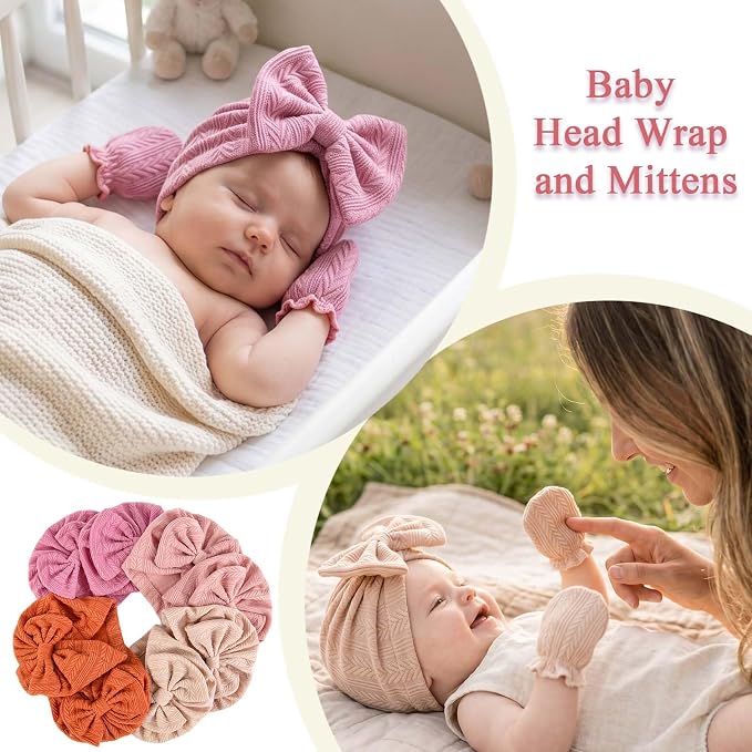 8 Sets Newborn Baby Girl Bow Hats and Mittens Turban Beanies 0-3M | Cotton - Image 7