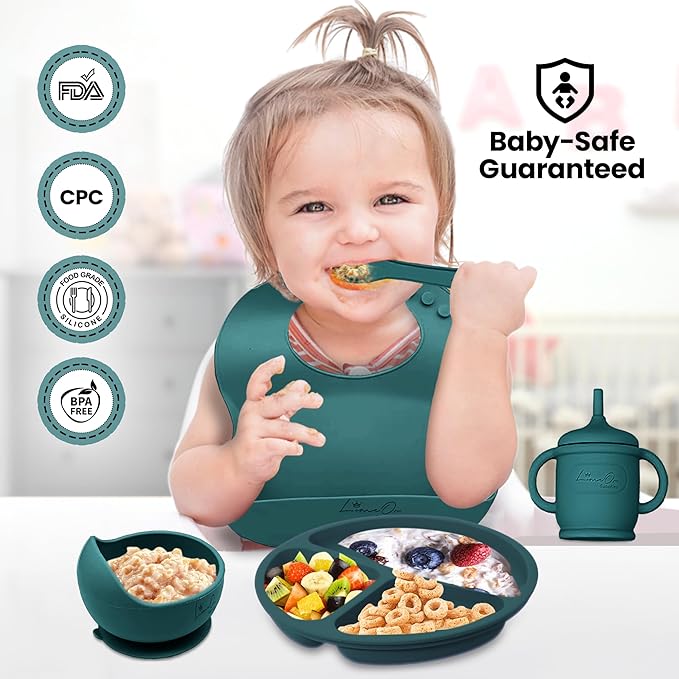 Silicone Baby Feeding Set – 10 Pcs Baby Led Weaning Supplies & Self Feeding Kit | Toddler Plates and Bowls Set, Bib, Fruit Feeder, Cup, Spoons & Forks – Empower Independence with LimeOr -Green Spruce