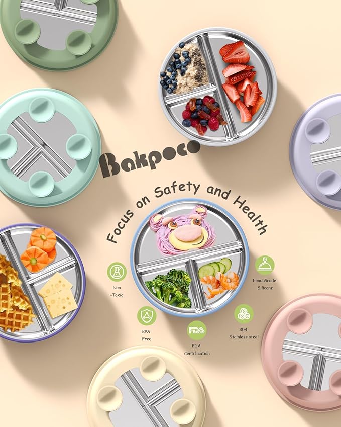 Stainless Steel Toddler Plate with Suction, 8” Divided Plates with Removable Silicone Sleeves for Baby, Non Toxic Unbreakable Kids Snack Dishes Set of 4, Sage Blue Gray Navy
