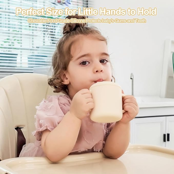 Silicone Baby Cup with Straw, Straw Cup for 6 months+ old, Leak Proof Silicone Baby Training Cup 6 fl oz (Green+Beige)