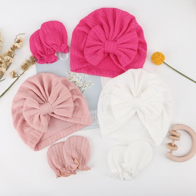 BQUBO Newborn Girls Hats Baby Hat and Mittens Set Infant Caps Bow Hospital - Image 8