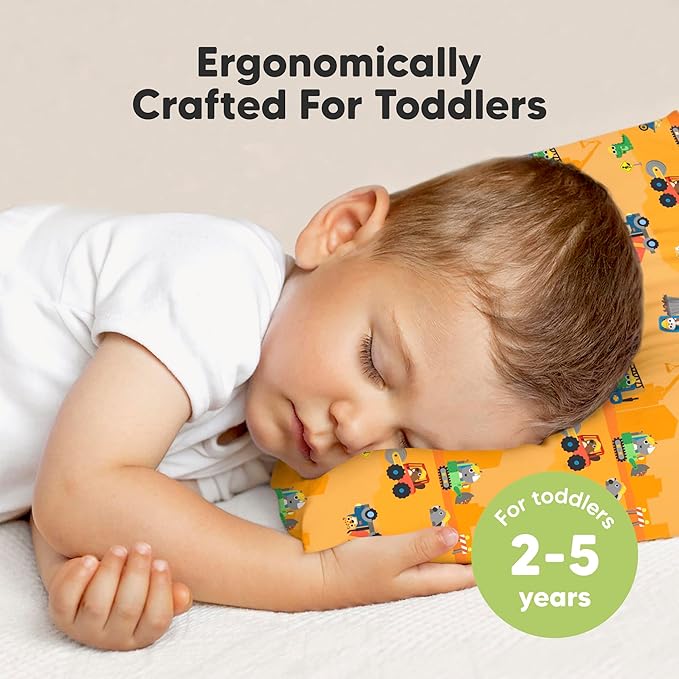 Toddler Pillow with Pillowcase - 13x18 My Little Dreamy Kids Travel Bed Pillows for Sleeping,Organic Cotton Small Pillowcase,Soft & Breathable,Machine Washable,Toddlers 2-5 Years Old (Little Builders)