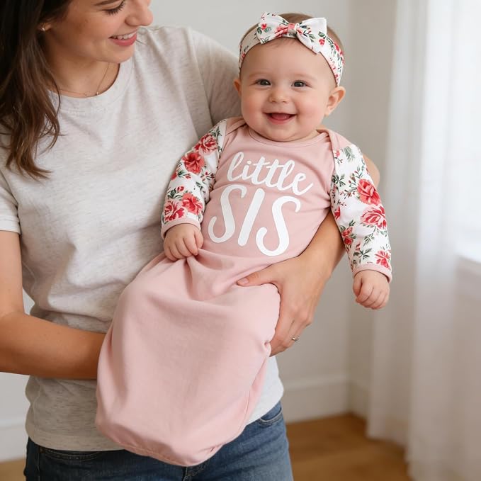 AMAWMW Newborn Baby Girl Little Sister Sleeper Gown Stripe Long Sleeve - Image 3