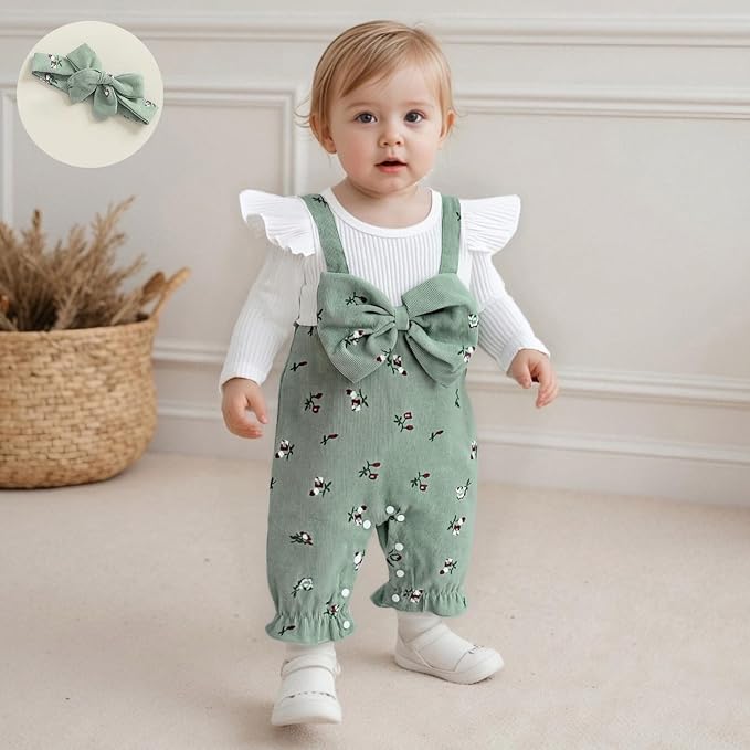 Newborn Baby Girl Clothes Ruffle Sleeve Jumpsuit Corduroy Floral - Image 3