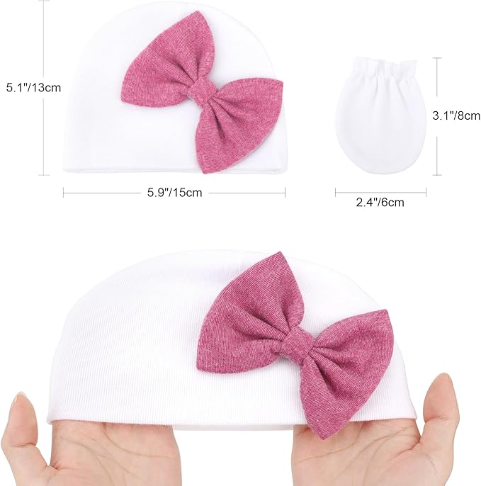 BQUBO Newborn Baby Girls Hats Mittens Set Hospital Hat Beanie Infant Bow Hats Baby Cotton Gloves for 0-6 Months
