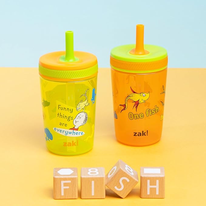 Zak Designs Dr. Seuss Kelso Toddler Cups For Travel or At Home, 15oz 2-Pack Durable Plastic Sippy Cups With Leak-Proof Design is Perfect for Kids (One Fish, Two Fish, Red Fish, Blue Fish)