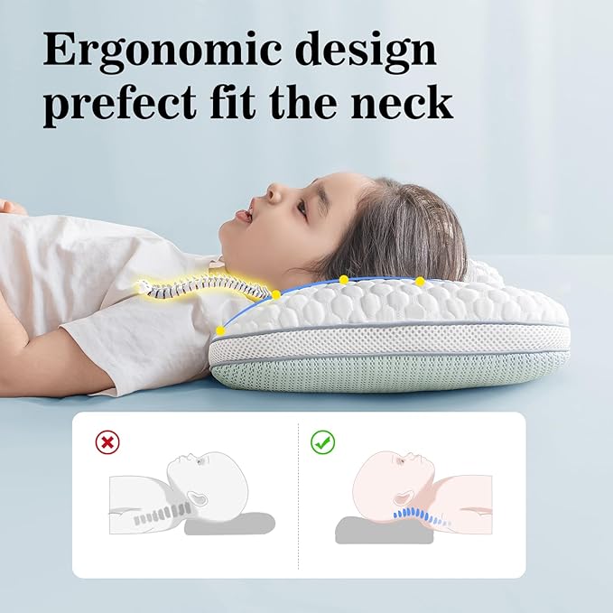 Reidio Toddler Pillows Double Sided Cooling Fabric & Breathable Mesh Kids Pillow Dual Heights Toddler Ergonomic Design Advanced Hose Filler Machine Washable (Blue Green, H2)