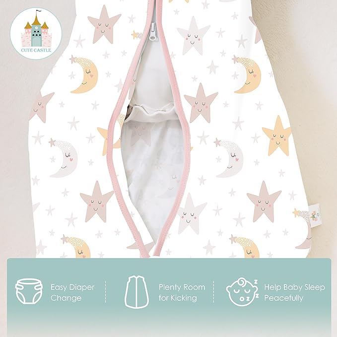Cute Castle Baby Sleep Sack 0-6 Months - Lightweight 100% Cotton 2-Way Zipper TOG 0.5 Infant Wearable Blanket, Newborn Essentials Toddler Sleep Clothes, 3 Pack(Pink, Moon, Stars)