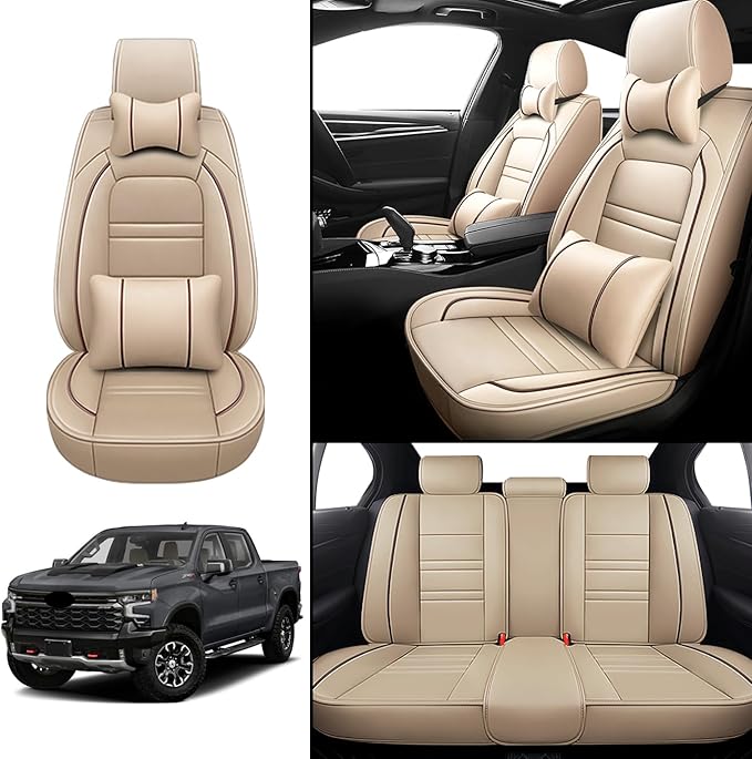Car Seat Covers for Chevy Silverado 1500 2007-2025 | 5-Seats Seat Covers, Waterproof Seat Protectors, Automotive Seat Covers (Full Set with Pillow,Beige)