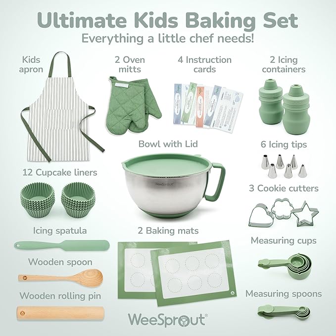 Ultimate Baking Kit for Children - Child-Sized Utensils, Apron, Oven Mitts, Silicone Mats & Liners - Perfect Cooking Set for Ages 6-12 - Gift for Kids - Mint