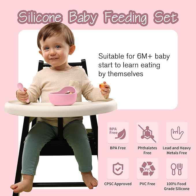 Baby Led Weaning Supplies, 8 Piece BPA-Free Silicone Feeding Set, Silicone Suction Bowl, Forks & Spoons, Bib & Cup, Develops Self Feeding Skills, Dishwasher Safe, for 6+ Months (Pink)