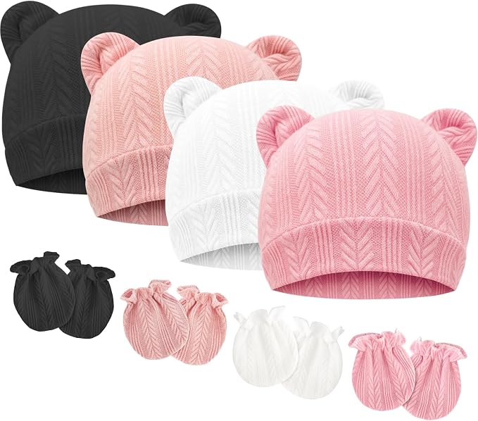 BQUBO Newborn Baby Hats Bear Ears and Mittens Sets Preemie Caps Baby Boy Girl by DRESHOW