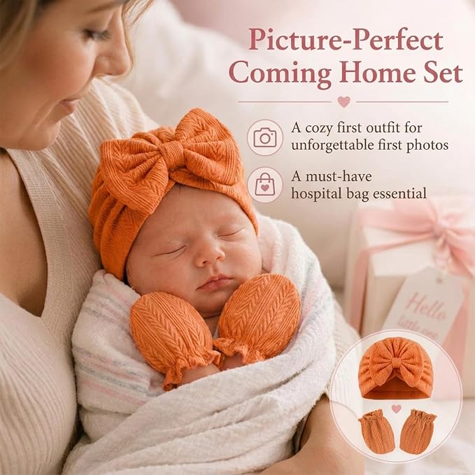 8 Sets Newborn Baby Girl Bow Hats and Mittens Turban Beanies 0-3M | Cotton - Image 6